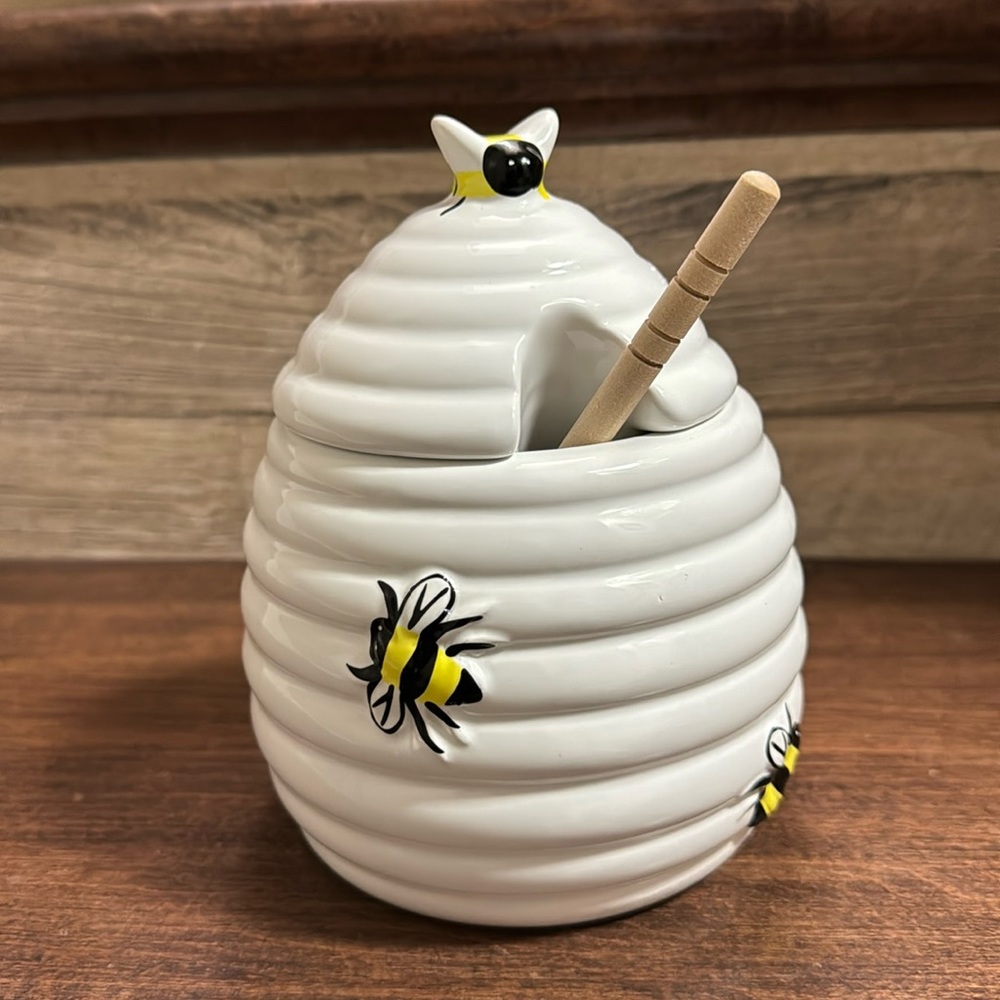 CERAMIC POT WITH LID & SPOON - HONEYCOMB - NEW